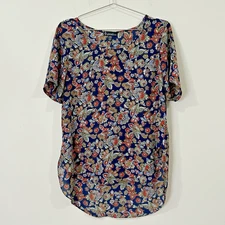 SIGNATURE STUDIO Floral Blouse L Navy Hi-Low Tunic Round Neck Flowy Short Sleeve