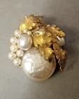 Vintage Miriam Haskell Gold Tone, Faux Pearl Brooch 2" X 1 1/2"