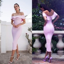 House of CB AMADEA Lilac Fluted Off Shoulder Midi Bandage Dress XS