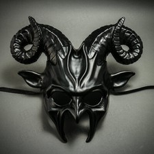Halloween BLACK DEMON Masquerade Mask w/ Krampus Ram Horns Cosplay PARTY Mask