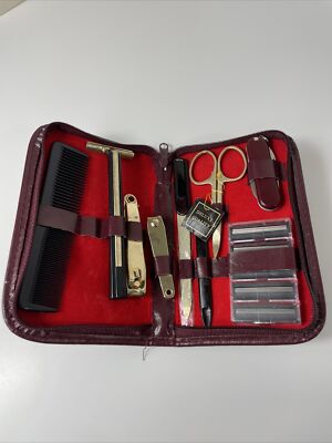 Vintage Gentlemans Grooming Kit Red Zippered Travel Case