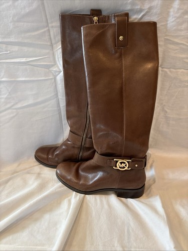 Michael Kors Riding Boots Women’s Brown Leather Sz 6M Side Zipper Gold Accents - Picture 2 of 16
