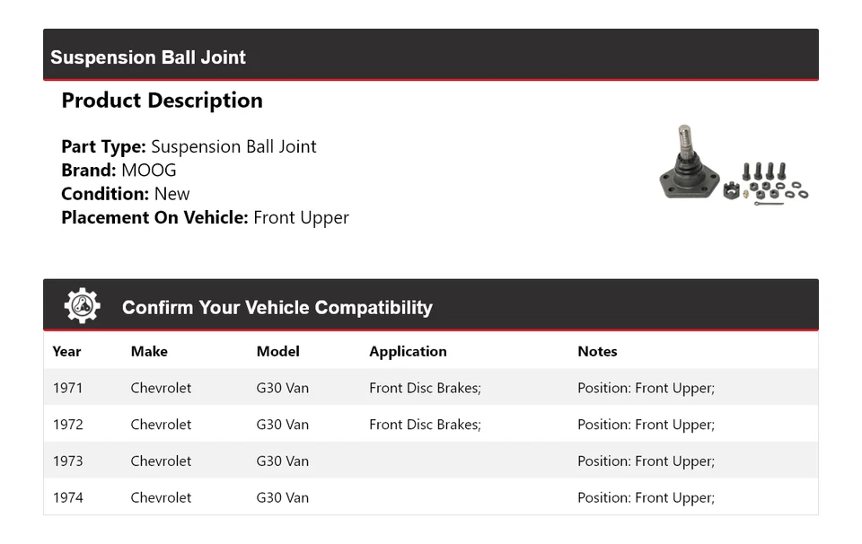 Para Chevrolet G30 1971-1974 furgoneta suspensión rótula delantera superior MOOG 1971 1972 Foto 2 de 4