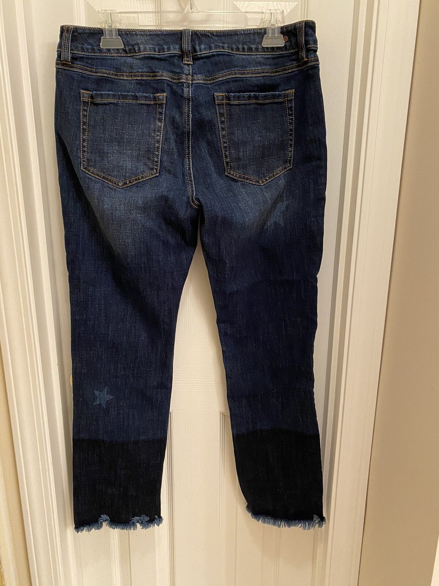 Cabi Slim Boyfriend Jeans Celebrity Wash Star Print Sz 8 Raw Frayed Hem Stretch View 2