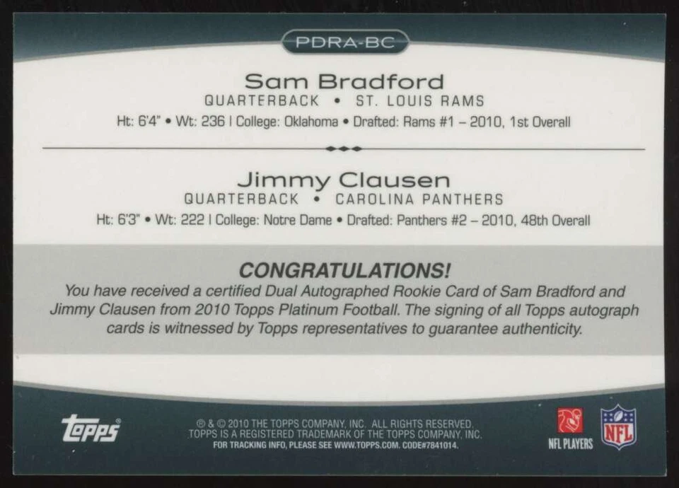 Sam Bradford Jimmy Clausen/25 Dual Rookie Auto #PRDA-BC RC 2010 Topps Platinum Foto 2 de 3