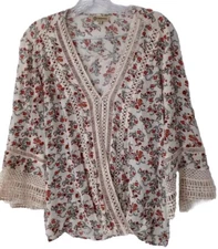 Democracy Top S Darling Boho Hippy Fairycore Lace Trim Bell Sleeve Peasant Shirt