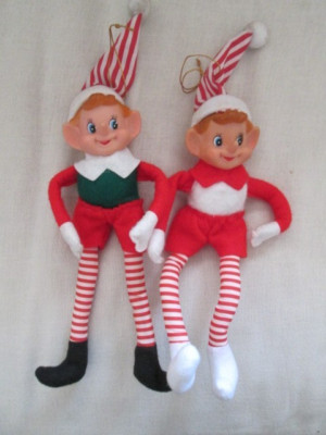 Christmas Pixie Elves Hugger Ornaments Posable Dolls 2 pc. Lot