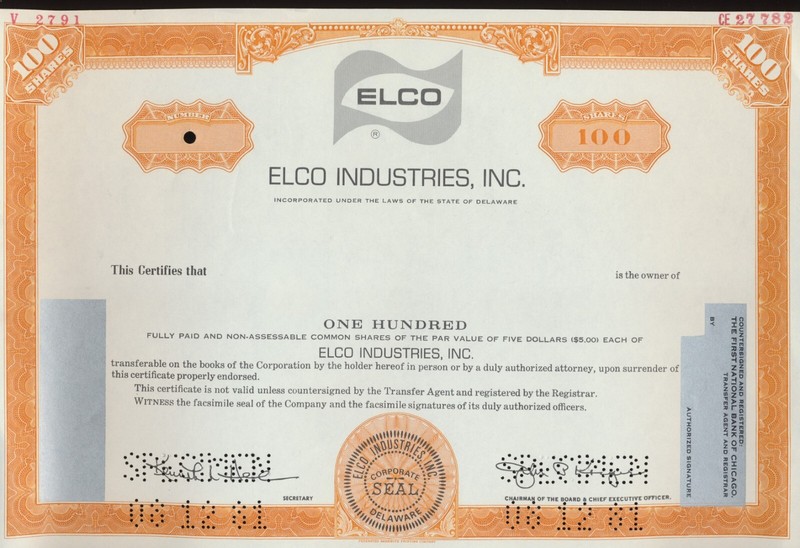 Rare Vintage Elco Industries Rockford Ill Specimen Stock Certificate 1981 100
