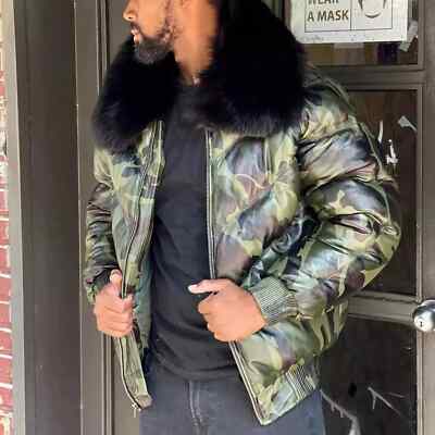 NEW Men's Leather Camo 100% Duck Down V-Bomber Real Fur Collar Sheepskin  Jacket