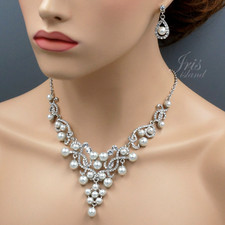 Women Bridal Wedding Jewelry Set White Pearl Crystal Necklace Drop Earrings 836
