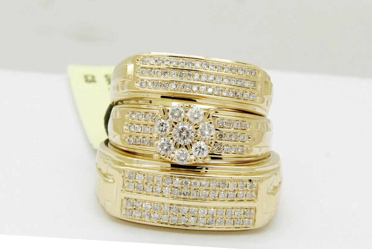 His Her Mens Women REAL Diamond Wedding Ring Bands Trio Bridal Set