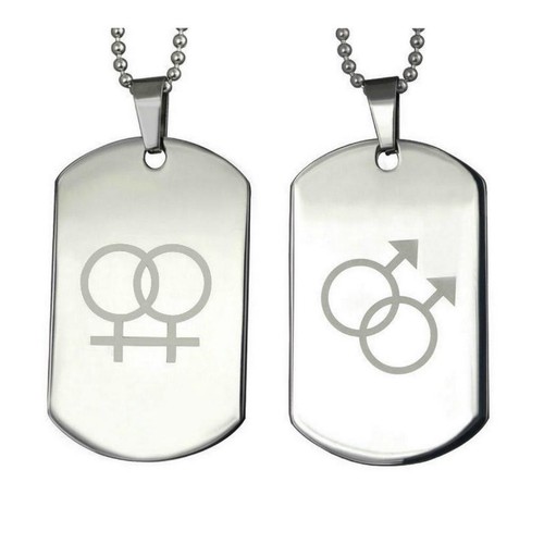 Macho doble o doble Gay Lesbiana Grabado Collar símbolo femenino Etiqueta  de perro colgante | eBay