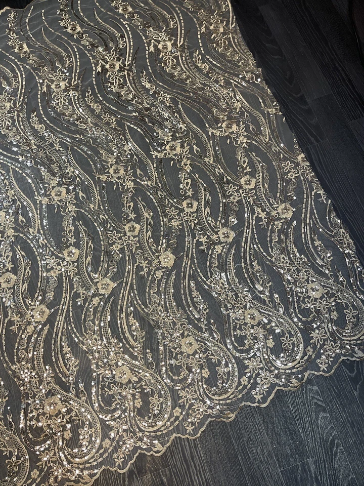 1m Gold Sequin Embroided  Double Boarded Scalloped Bridal lace Fabric 55” new - Image 3 of 4