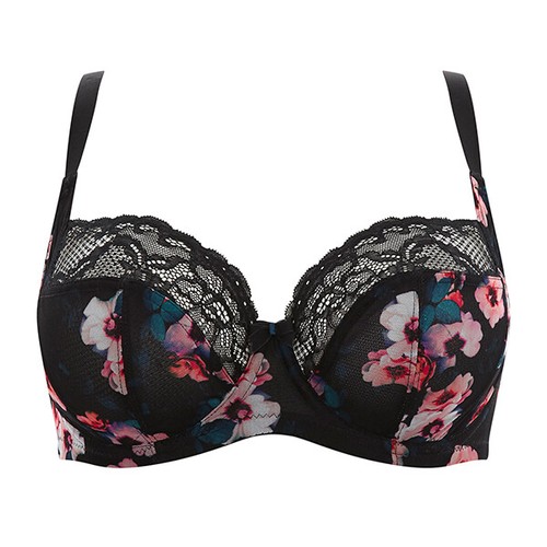 PANACHE SEMI SHEER BLACK WITH ROSE PRINT LACE TOP BALCONETTE BRA SIZE 32D - Picture 2 of 4