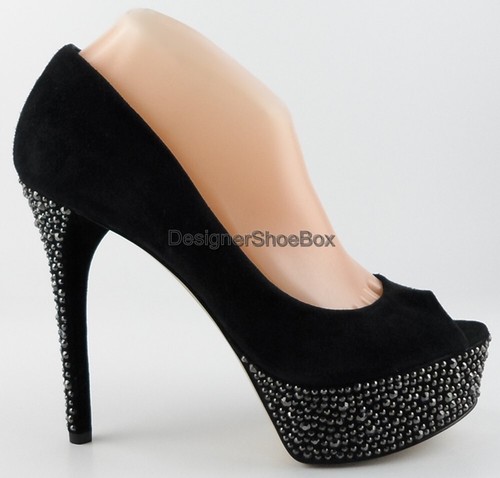 $395 B BRIAN ATWOOD BEA Black Suede Jeweled Designer Platform Pumps 8.5 EUR 39 - Picture 2 of 4