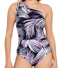 NWT SWIM SOLUTIONS Black MULTI Tummy Control One Shoulder One Piece Swimsuit 18