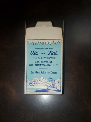 Vintage 1932 1 pt Vic & Kai Ice Cream Tonawanda NY Ship in Artic Theme Eskimo 
