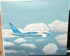 EDWARD WATERS "BOEING 787" FIRST FLIGHT DEC 2009 ORIGINAL OIL PAINTING UNFRAMED