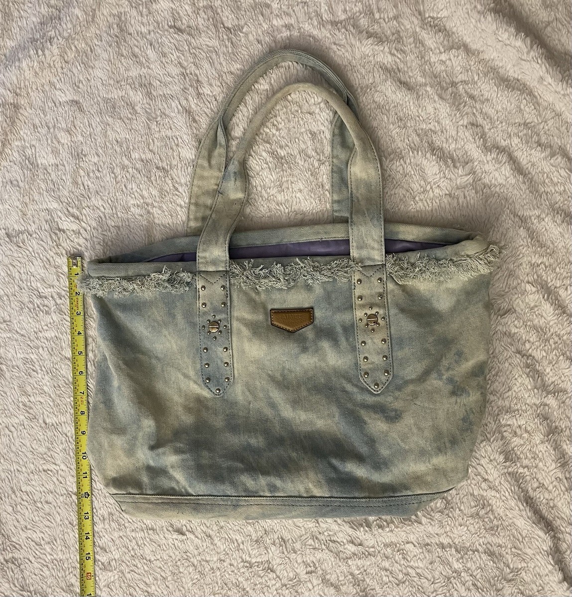 Aimee Kestenberg Faded Acid Washed Fringe Denim Studded Tote Bag