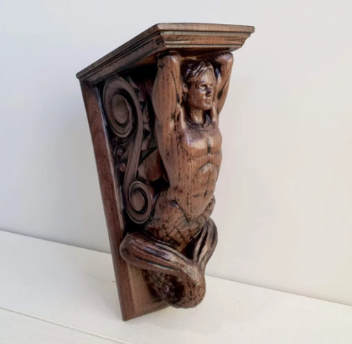 Corbel Merman di Legno, Corbel Decorativo in Legno Intagliato, 1pz, Regalo da Appendere a Parete - Foto 2 di 8