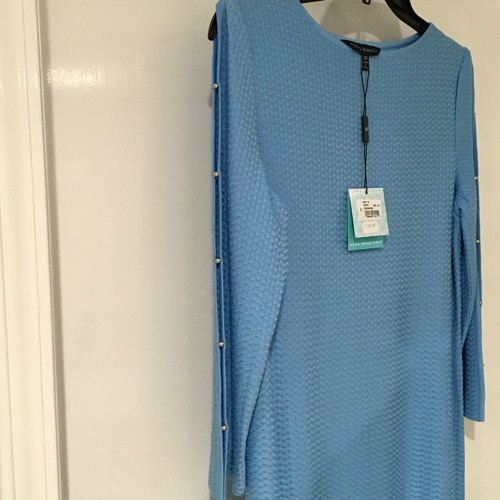 Ming Wang Womens Blue Textured Split Sleeve Grommet Hem Shift Dress XS NWT $240 - Picture 4 of 9