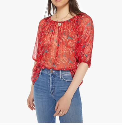 Natalie Martin Ella Blouse Women's Small Top Flowy Boho Sheer Viscose Red Floral
