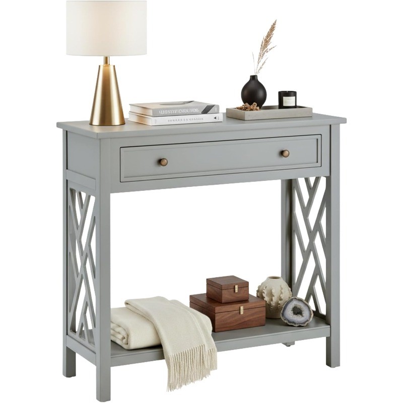 Gray Console Table with Drawer & Shelf &ndash; Modern Farmhouse 