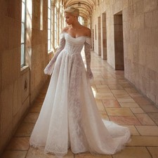 Customized Off-Shoulder Lace Wedding Dress Ruched A-Line with Train Bridal Gown