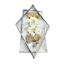 Vintage Pressed Flowers Between Diamond Beveled Glass Framed In Metal Suncatcher