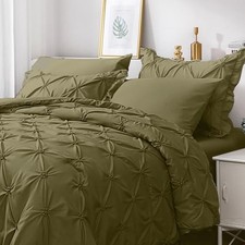 Queen Size Comforter Sets 7 Pieces, Pintuck Bed in Queen 88"x 88" Olive Green