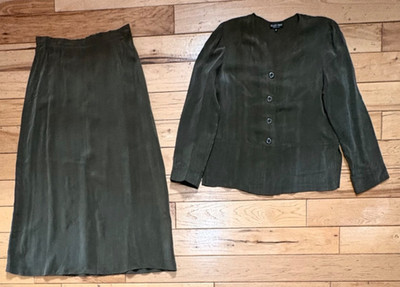 ELLEN FIGG GREEN JACKET & A-LINE SKIRT,  CUPRO (RAYON), USA MADE, SIZE 12