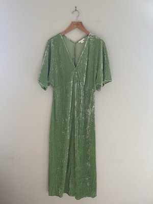 ARKET Crushed Velvet V-Neck Midi Dress - Mint Green (Size 34) Uk 6 Small