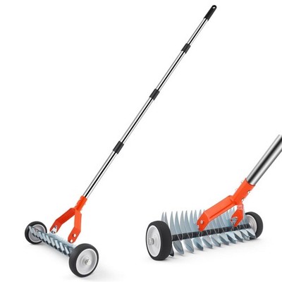Adjustable Thatch Rake with Wheels, Heavy Duty Dethatcher for Lawn Care