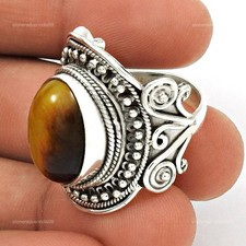 925 Silver Natural Tiger's Eye Birthday Boho Cocktail Daughter Bezel Ring US 8.5