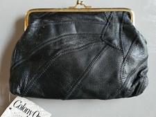 Colony One Genuine Leather Black Clutch Purse Kiss Lock Frame NWT Vintage