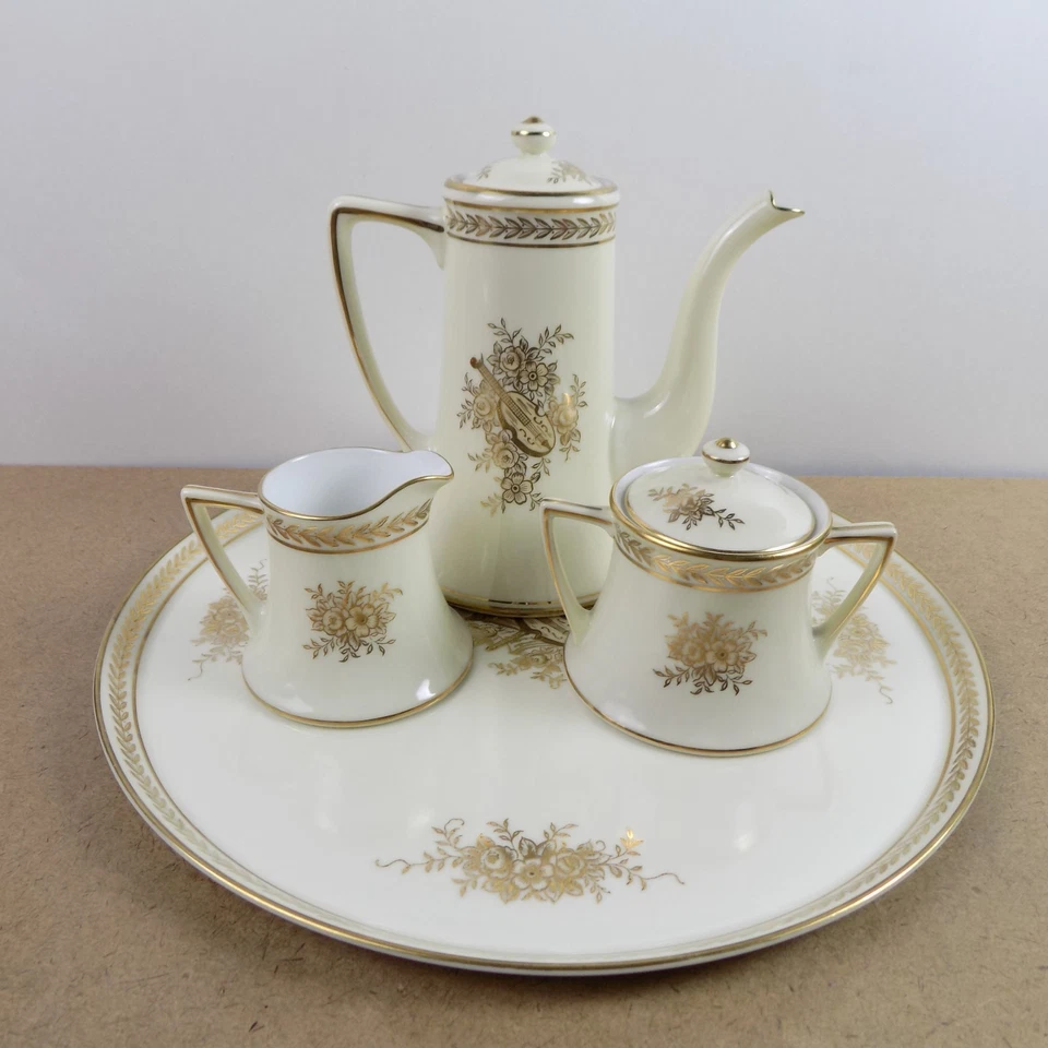 Juego de café Noritake porcelana Demitasse guitarra dorada flores bandeja olla tazas platillo - Imagen 2 de 4