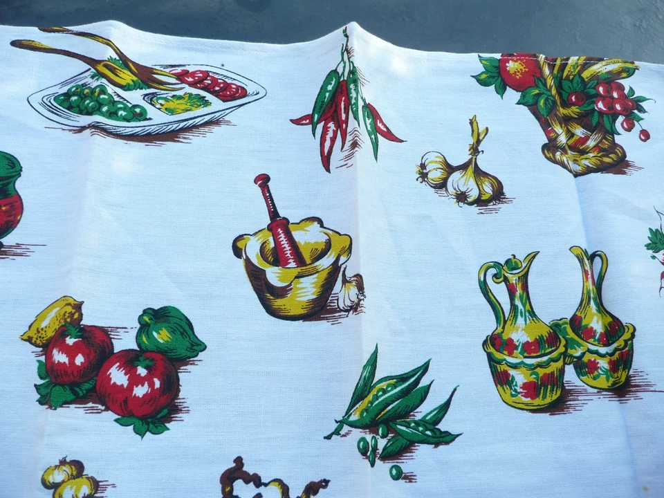 torchon ancien vintage en coton  à décors d'éléments de cuisine - Photo 4/4