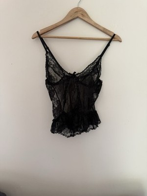 Vintage Frederick's of Hollywood schwarz transparente Spitze Camisole Trägertop Rüschen M