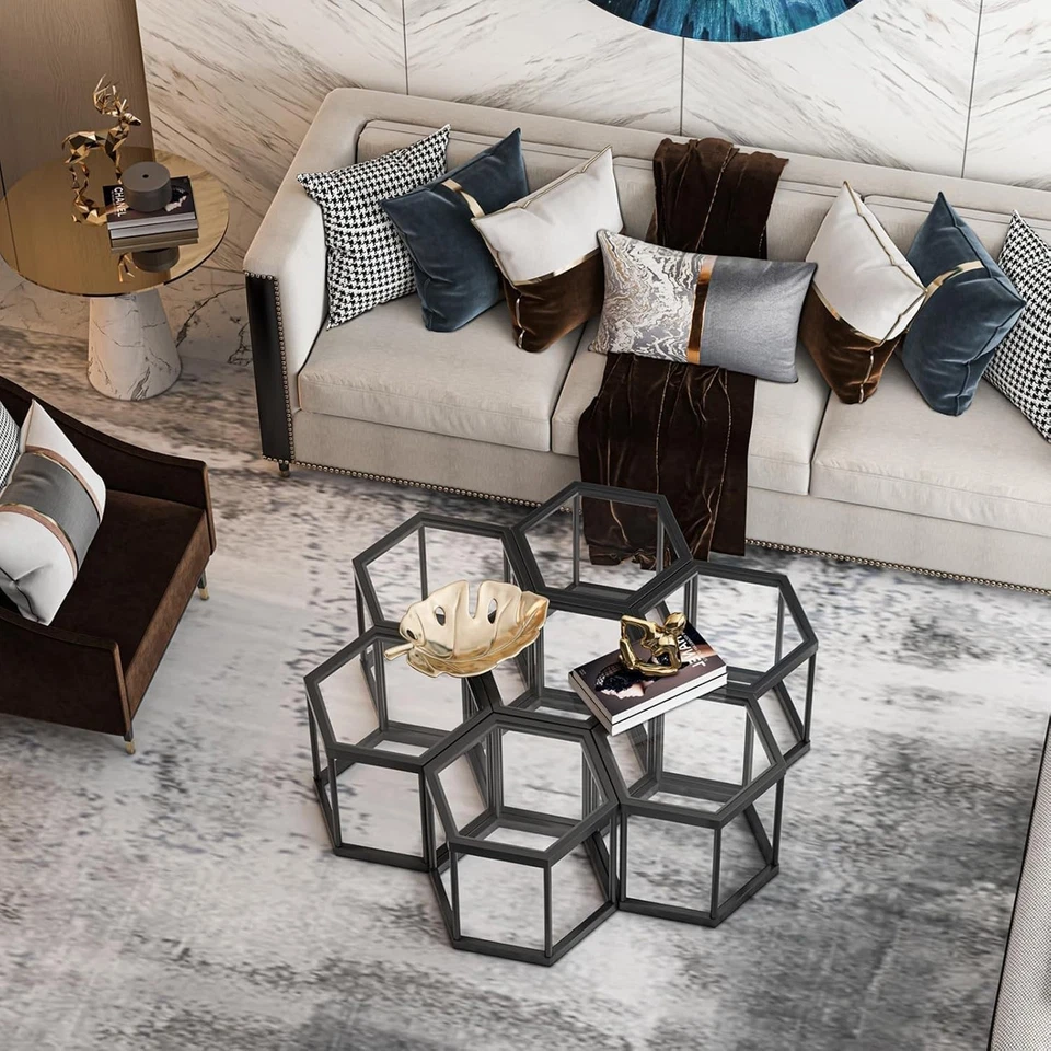 Modern Hexagon Glass Coffee Table Set of 3, Metal Frame Living Room - Image 3 of 4