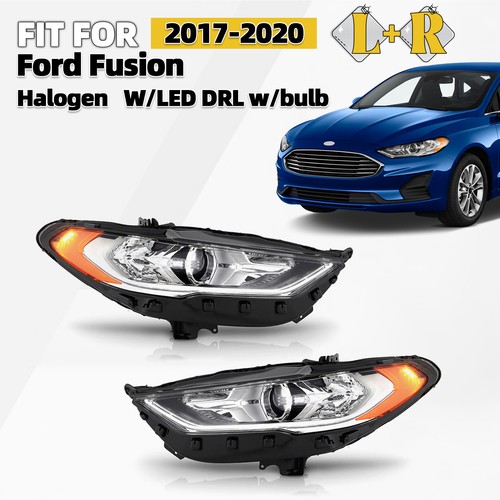 For 2017-2020 Ford Fusion Halogen Headlight w/ LED DRL with Bulb Left+Right Pair