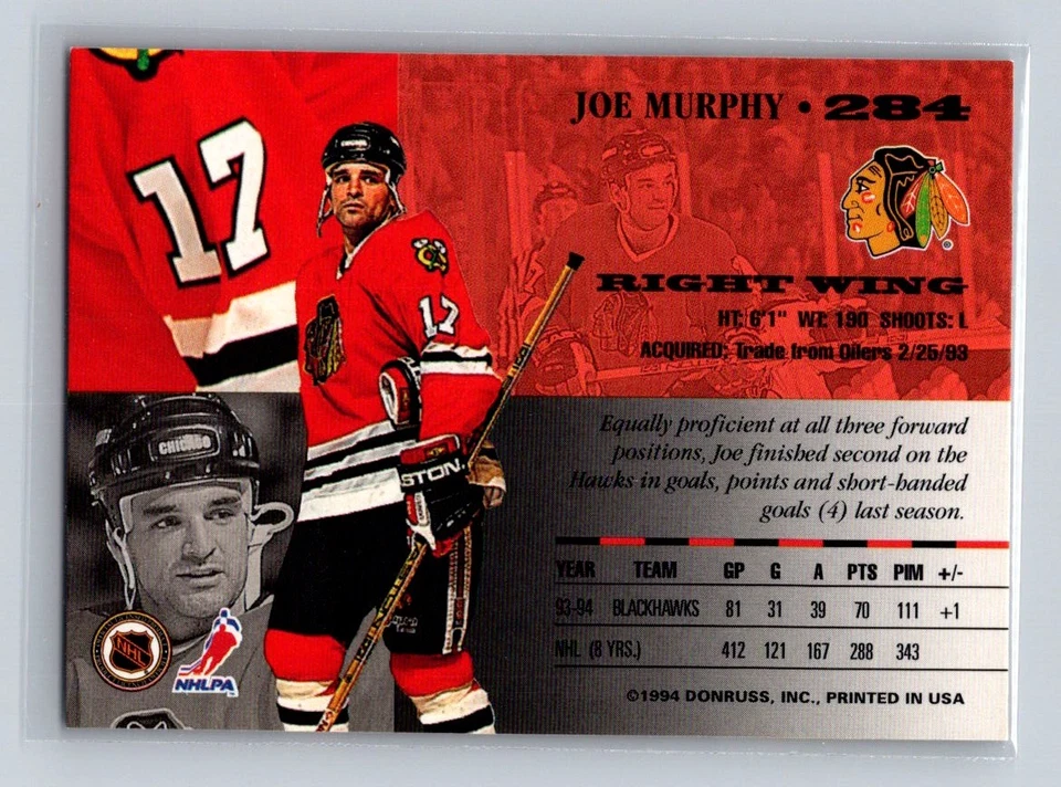 1994-95 Leaf #284 Joe Murphy Chicago Blackhawks - Image 2 of 2
