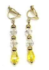 CLIP-ON Yellow Glass Teardrop Dangle Drop Earrings Gold Stainless Steel