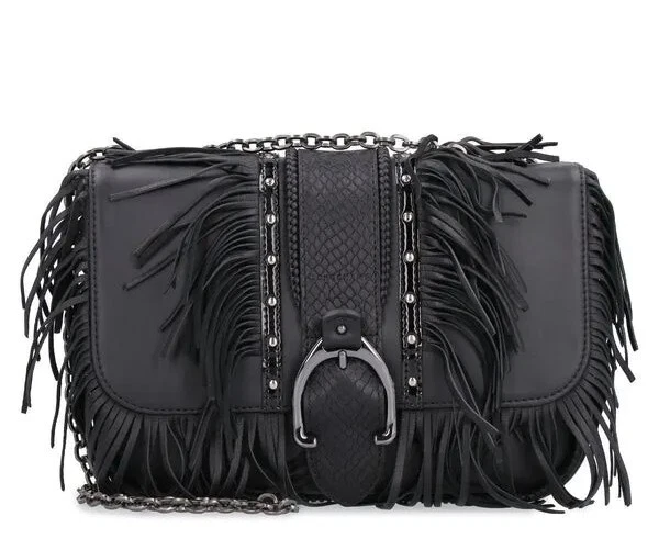 LONGCHAMP Amazone Rock Black Leather Studded Fringe Bag Chain Crossbody France
