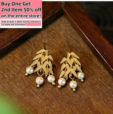 Pearl Drop Dangle Earrings Crystal Dainty Gemstone 18K Gold Plated Ins Style