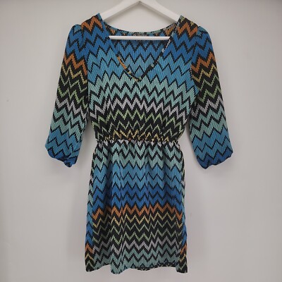 bebop blue dress Womens Bebop Blue Zigzag Dress Size XS Quarter Sleeve