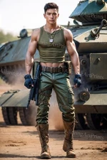 Male Model Photo Print Muscular Handsome Miltary Hunk Abs -UU997