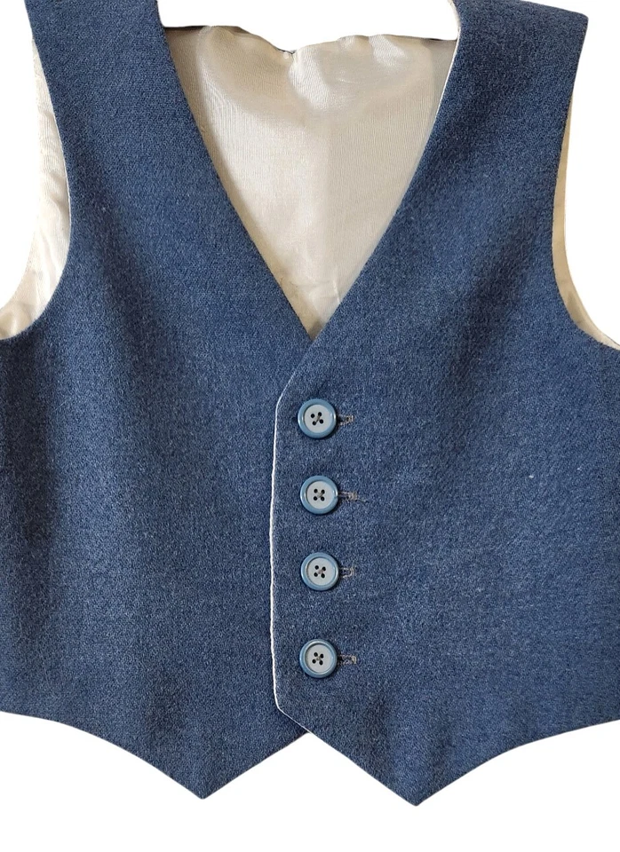 Chaleco vintage hecho a mano sin mangas forrado mezcla de lana azul jóvenes niños talla pequeña Foto 2 de 4