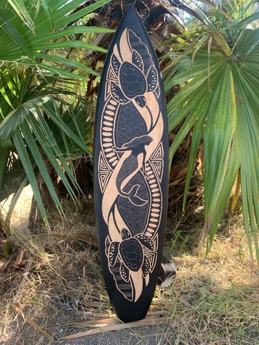 3 Set of Mermaid, Tribal Sea Turtle, Hibiscus Decorative Surfboard Wall Plaques - Picture 4 of 6