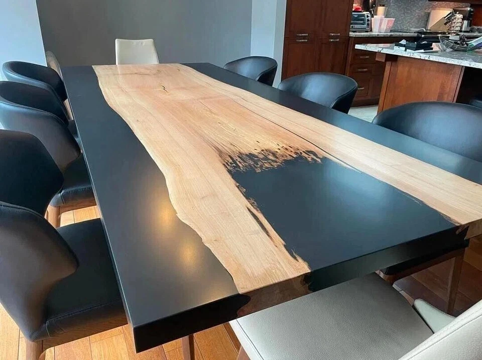 Mesa de resina epoxi de nogal negro y midiano macizo borde vivo mesa de río Foto 2 de 4