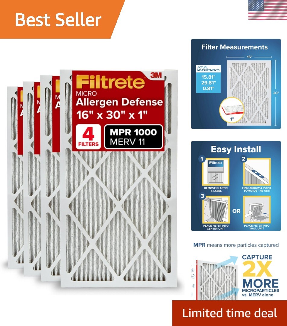 16x30x1 MERV 11 Air Filter Pack - Pleated 1-Inch for Micro Allergens